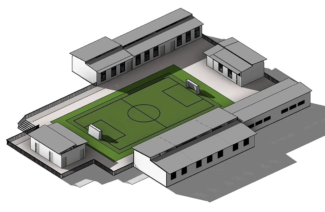 Modelo BIM de un colegio con bloques de aulas y cancha de fútbol